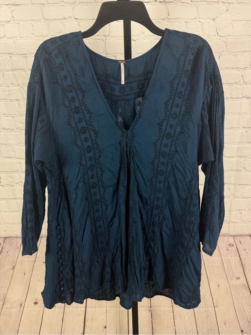 Free People Bohemian Teal Blue Tunic Top with Intricate Embroidery Size XS